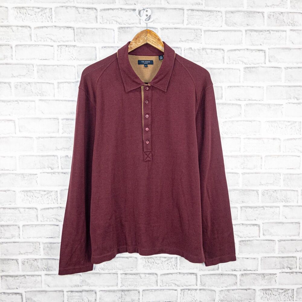 Ted Baker Long Sleeve Polo Shirt in Burgundy Cotton size 5
